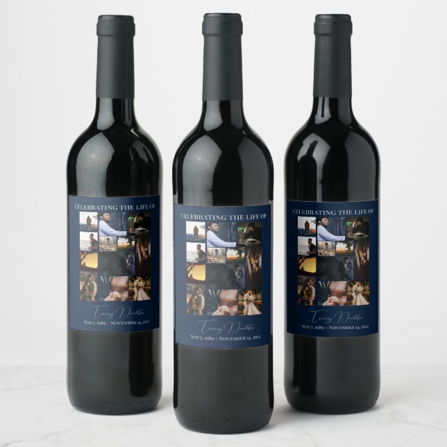 12 Photo Collage Celebrating Life Funeral Wine Label (Bottles)
