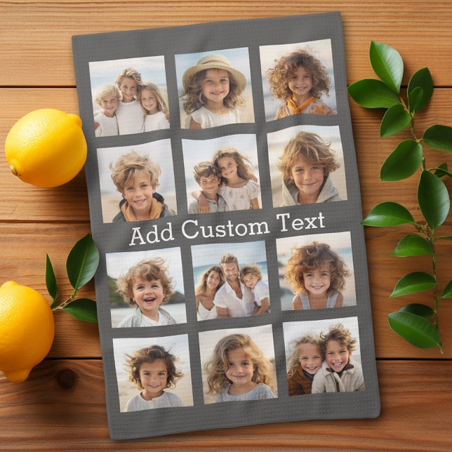 12 Photo Collage Charcoal Grey Modern Text Tea Towel (Personalized Kitchen Towel with photos and text - Makes a great gift)