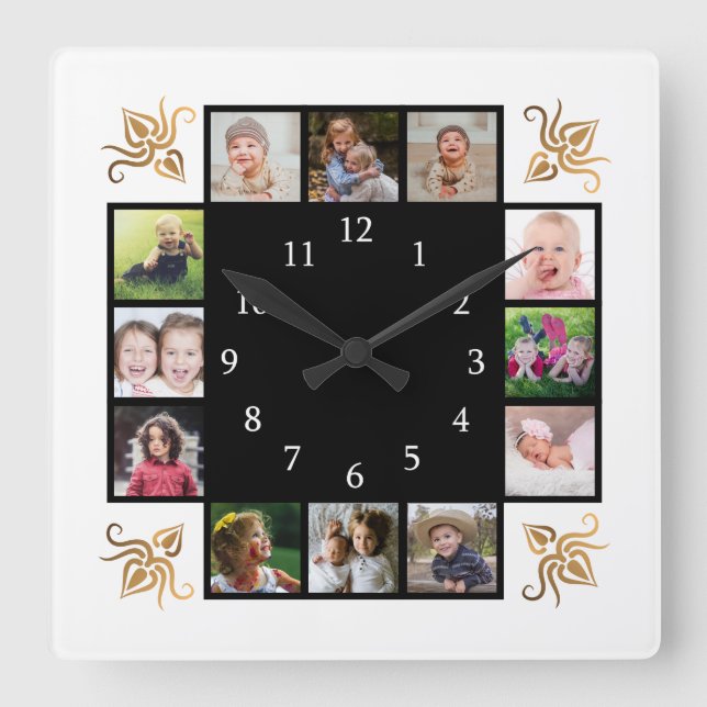 12 Photo Collage Create Your Own Black Square Wall Clock (Front)