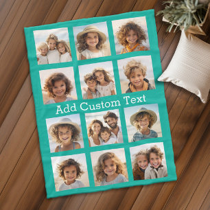 12 Photo Collage - Emerald Green and Custom Text Fleece Blanket