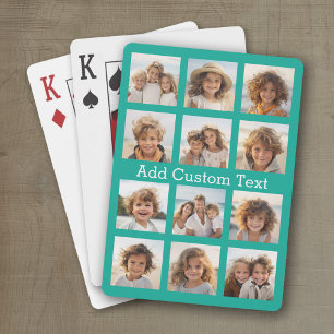 12 Photo Collage - Emerald Green and Custom Text Playing Cards