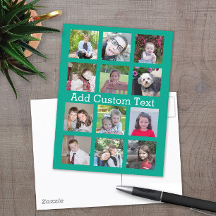 12 Photo Collage - Emerald Green and Custom Text Postcard