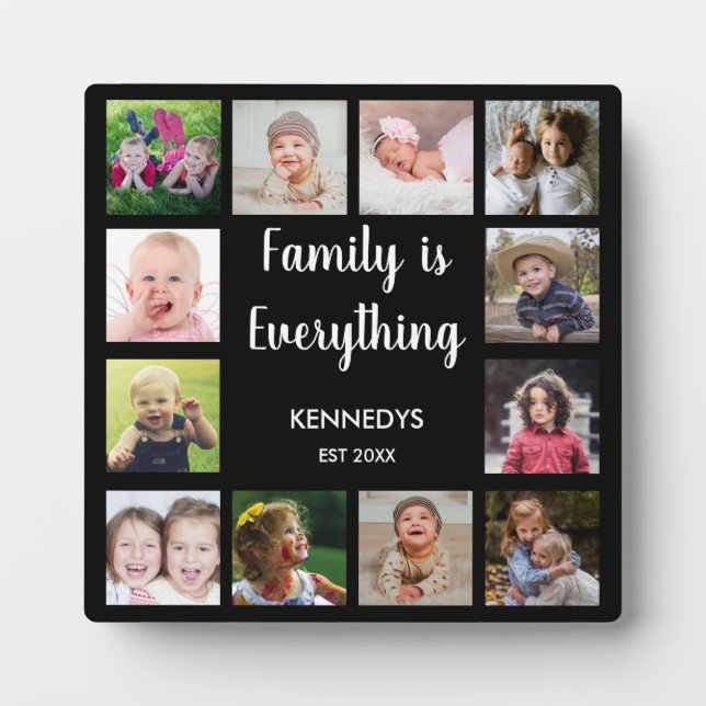 12 Photo Collage Family Is Everything Quote Black Plaque (Front)