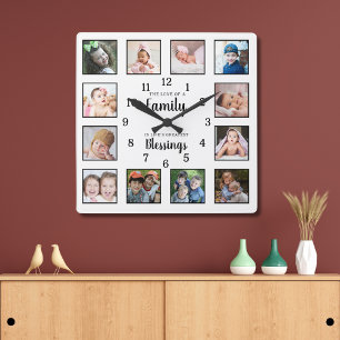 12 Photo Collage Family Love Blessings Quote White Square Wall Clock