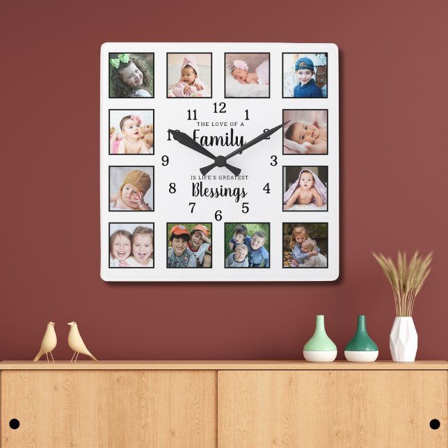 12 Photo Collage Family Love Blessings Quote White Square Wall Clock (Creator Uploaded)