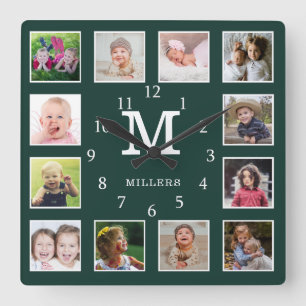 12 Photo Collage Family Name Monogram Forest Green Square Wall Clock