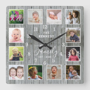 12 Photo Collage Family Name Rustic Gray Wood Square Wall Clock