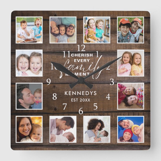12 Photo Collage Family Quote Dark Brown Wood Square Wall Clock (Front)