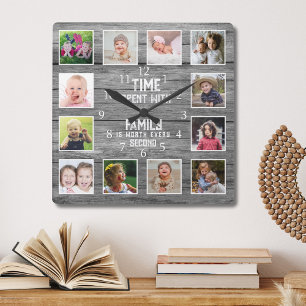 12 Photo Collage Family Quote Farmhouse Gray Wood Square Wall Clock