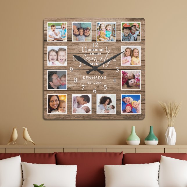 12 Photo Collage Family Quote Reclaimed Wood Square Wall Clock (12 Photo Collage Family Quote Reclaimed Wood Square Wall Clock)