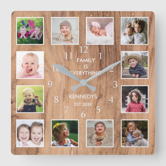 12 Photo Collage Family Quote Weathered Wood Square Wall Clock (Front)