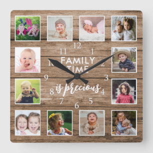 12 Photo Collage Family Time Quote Rustic Wood Square Wall Clock