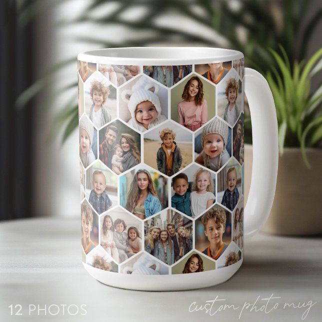 12 Photo Collage - funky hexagon pattern Coffee Mug (Custom Photo Mug - Makes a Great Gift)