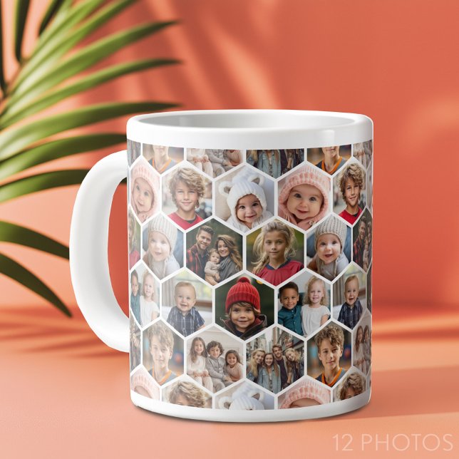 12 Photo Collage - funky hexagon pattern Large Coffee Mug (12 photo personalized coffee mug)