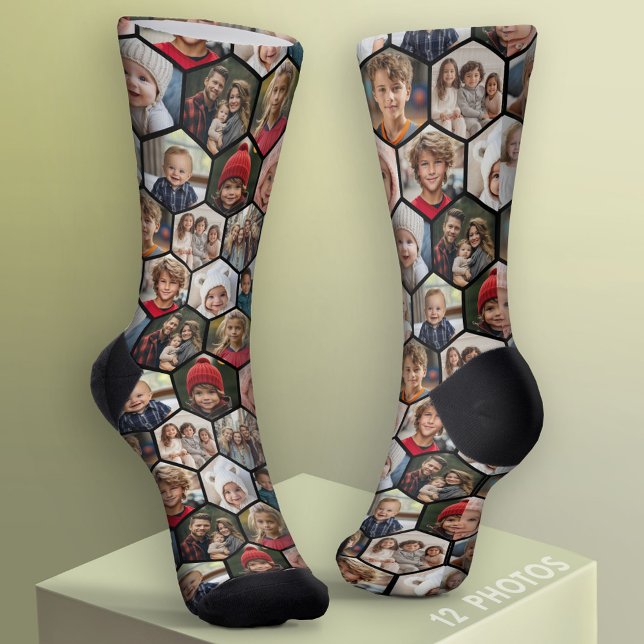 12 Photo Collage - funky hexagon - Random Pattern Socks (Custom Face Socks - Add Your Photo)