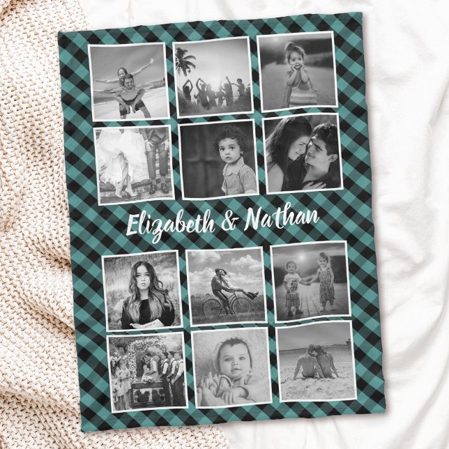 12 Photo Collage Gingham Chequered Family Keepsake Fleece Blanket (Creator Uploaded)