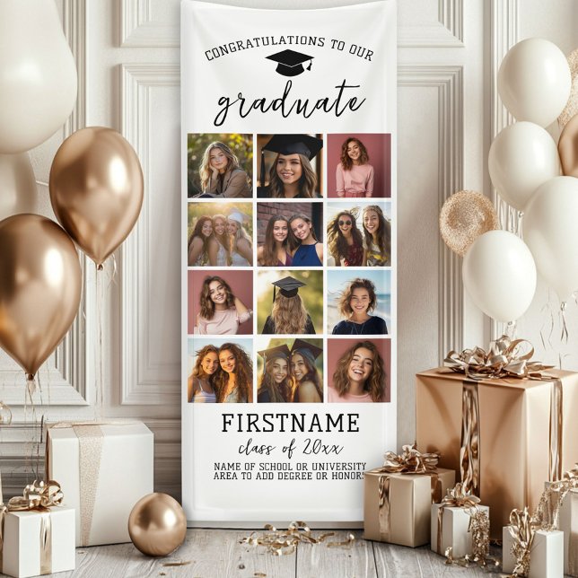 12 Photo Collage Graduation Modern Minimal White Banner (Custom Graduation Photo Banner - Great backdrop and Graduation Party Decoration)
