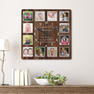 12 Photo Collage Grandchildren Quote Pallet Wood Square Wall Clock