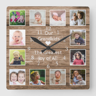 12 Photo Collage Grandkids Quote Reclaimed Wood Square Wall Clock