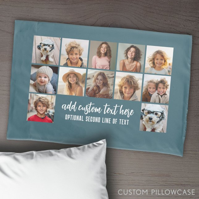 12 Photo Collage Grid - 2 Text boxes - blue white Pillowcase (Create Your Own Photo Collage Pillowcase)