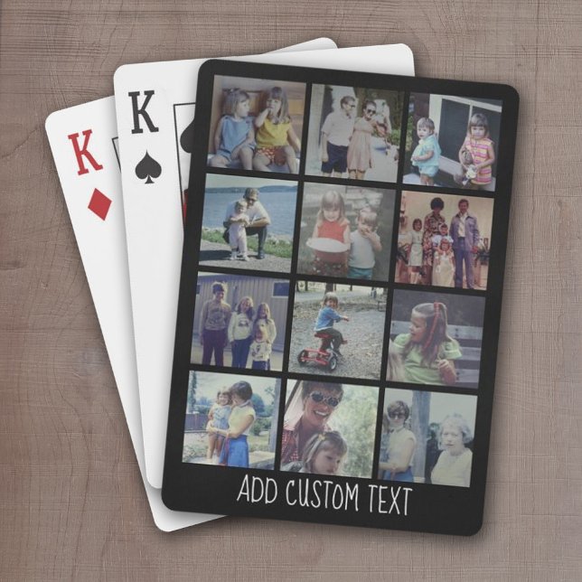 12 Photo Collage - grid with area for text - black Playing Cards (12 Photo playing cards -- personalize with your name or other text)