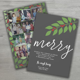 12 Photo Collage - Merry Script - Botanical Holiday Card