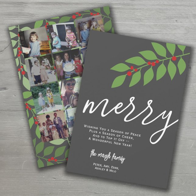 12 Photo Collage - Merry Script - Botanical Holiday Card (Creator Uploaded)