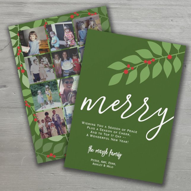 12 Photo Collage - Merry Script - Green Botanical Holiday Card (Creator Uploaded)