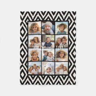 12 Photo Collage - Modern Grid Black White Text Fleece Blanket