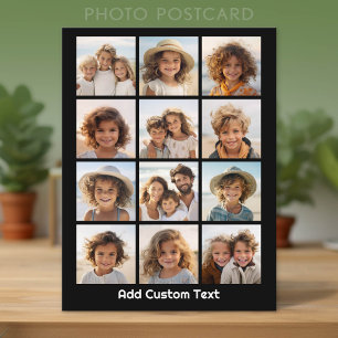 12 Photo Collage - Modern Grid Black White Text Postcard