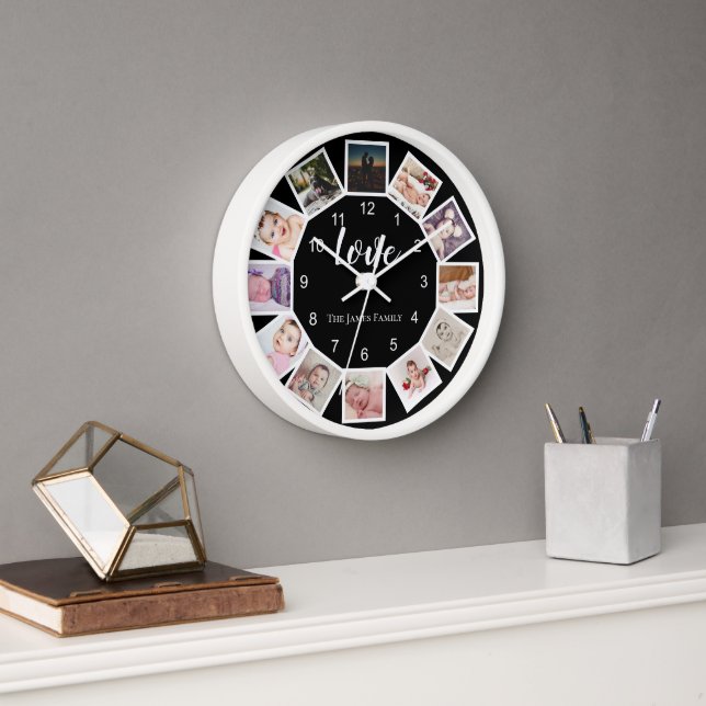 12 Photo Collage Personalised Black White Clock (Office)