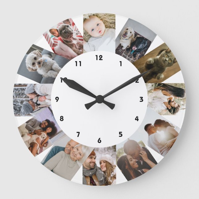12 Photo Collage Personalised Black White Large Clock (Front)