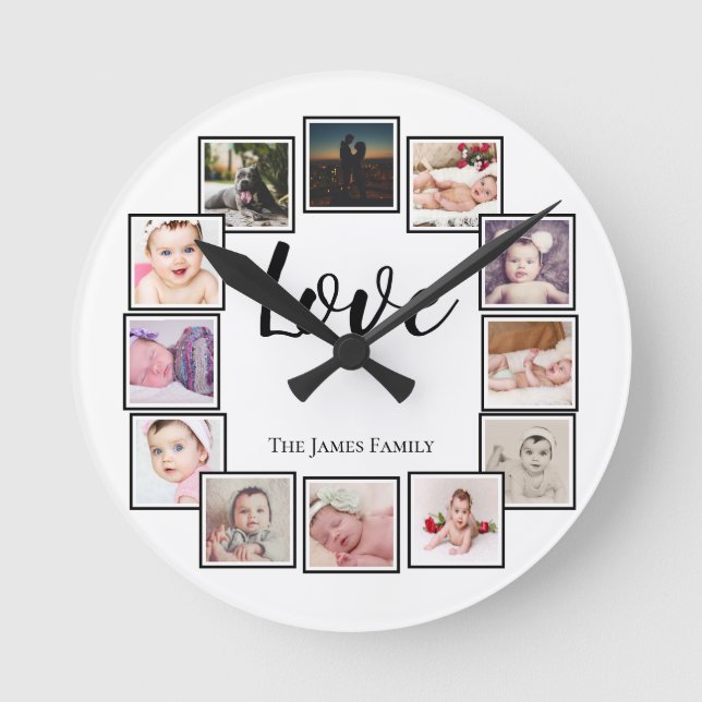 12 Photo Collage Personalised Black White Round Clock (Front)