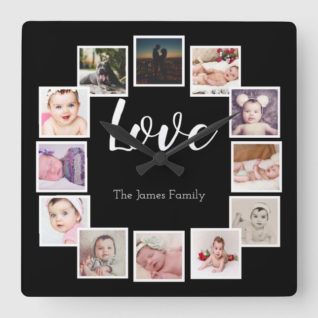 12 Photo Collage Personalised LOVE Family Square Wall Clock (Front)