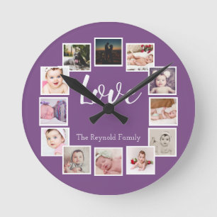12 Photo Collage Personalised Purple Round Clock