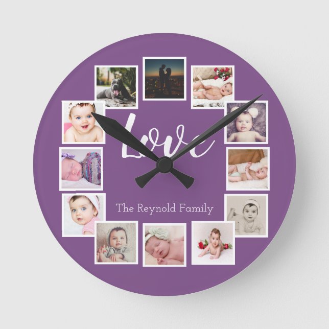12 Photo Collage Personalised Purple Round Clock (Front)