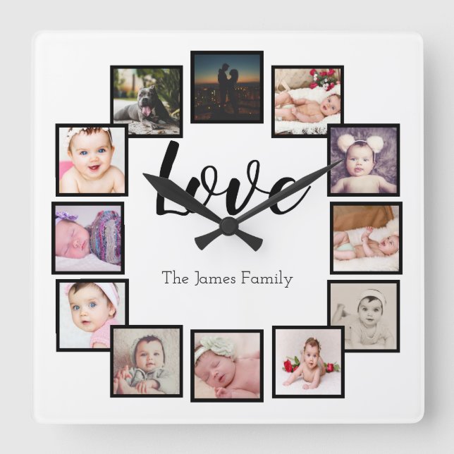 12 Photo Collage Personalised White Square Wall Clock (Front)