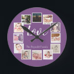 12 Photo Collage Personalized Purple Round Clock<br><div class="desc">12 Photo Collage Personalized Template purple wall clock .. simply add your own photographs and text to this great wall clock .. easy to personalize .. customizable photo template clock from Ricaso - perfect gift-ideas</div>