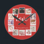 12 Photo Collage Personalized Red Round Clock<br><div class="desc">12 Photo Collage Personalized Template red wall clock .. simply add your own photographs and text to this great wall clock .. easy to personalize .. customizable photo template clock from Ricaso - perfect gift-ideas</div>