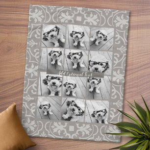 12 Photo Collage - Rustic Farmhouse Beige Pattern Fleece Blanket