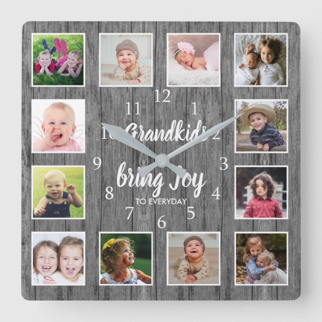 12 Photo Collage Rustic Grey Wood Grandkids Quote Square Wall Clock (Front)