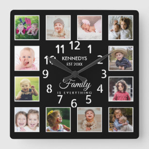 12 Photo Collage Template Family Name Quote Black Square Wall Clock