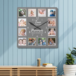 12 Photo Collage Time Flies Memories Stay Grey Square Wall Clock