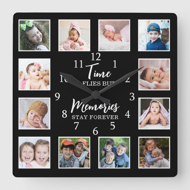 12 Photo Collage Time Flies Memories Stay Quote Square Wall Clock (Front)