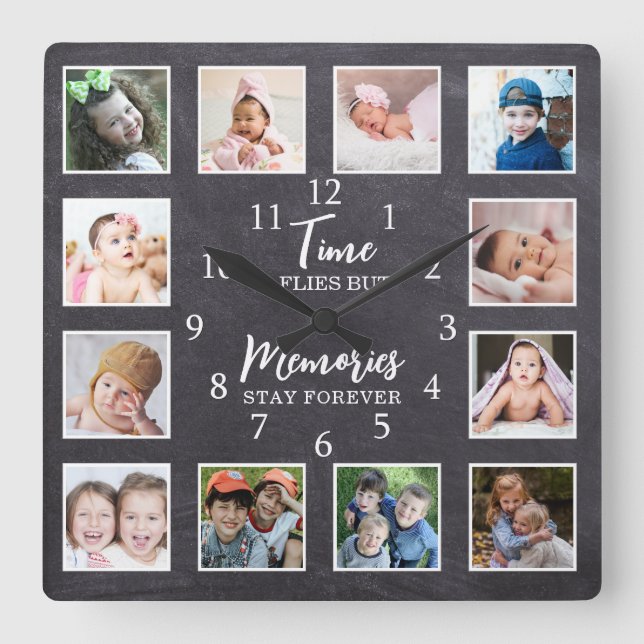 12 Photo Collage Time Flies Quote Chalkboard Square Wall Clock (Front)