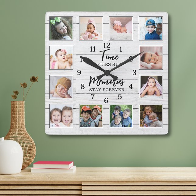 12 Photo Collage Time Memories Quote White Wood Square Wall Clock (Creator Uploaded)