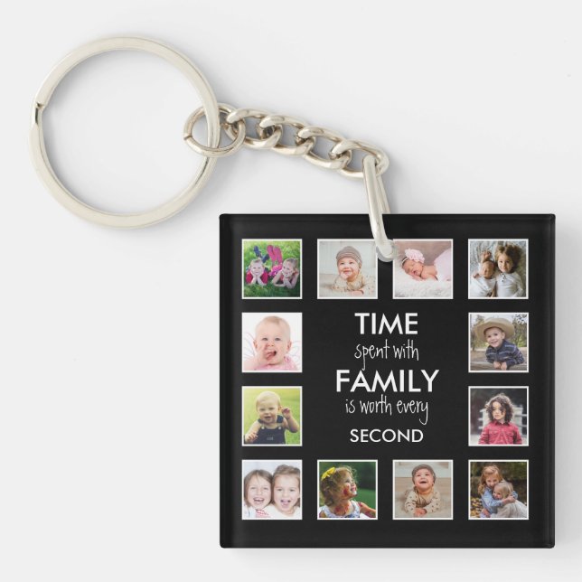 12 Photo Collage Time With Family Quote Black Key Ring (Front)
