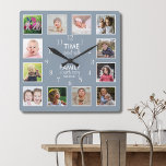 12 Photo Collage Time With Family Quote Dusty Blue Square Wall Clock<br><div class="desc">Custom photo clock with the inspiring family quote "Time spent with family is worth every second”. Personalise with 12 of your favourite family photos.</div>