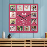 12 Photo Collage Time With Family Quote Majenta Square Wall Clock<br><div class="desc">Custom photo clock with the inspiring family quote "Time spent with family is worth every second”. Personalise with 12 of your favourite family photos.</div>