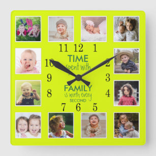12 Photo Collage Time With Family Quote Neon Green Square Wall Clock